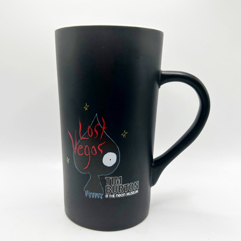 Rare Official Tim Burton Lost Vegas Neon Museum Spade Tall Black Coffee Mug NWT